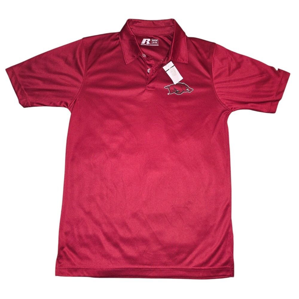 ARKANSAS RAZORBACKS Logo Men Cardinal Red Short Sleeve Golf Polo Shirt S Russell